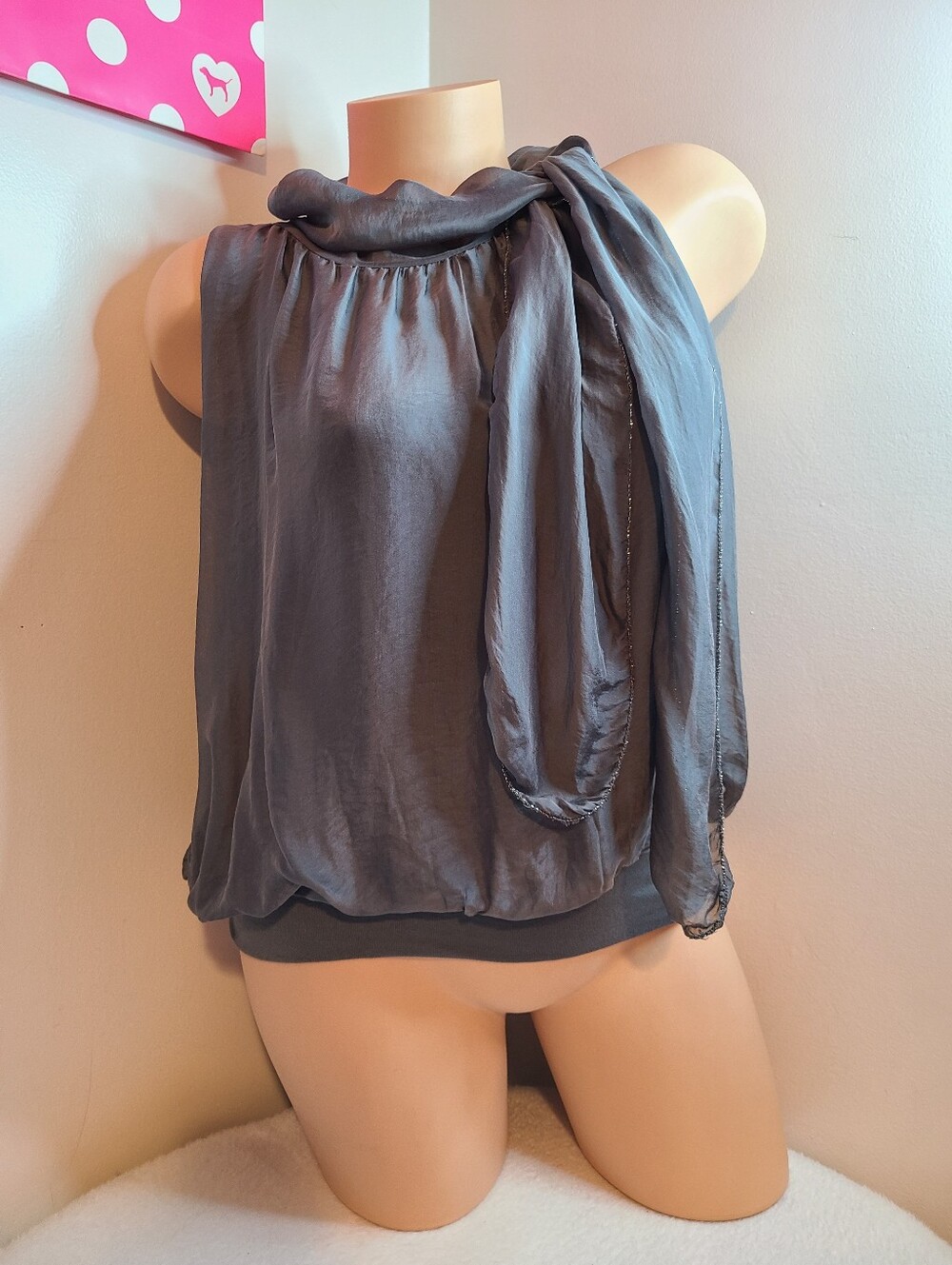 Moda Italy Draped Silk Chiffon Grey Sleeveless Tie-Neck Blouse Free Size